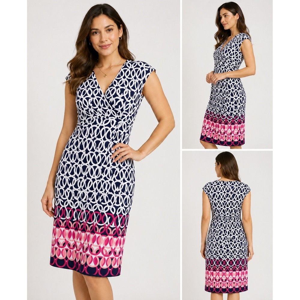Liz Claiborne Career Womens Dress Sheath Geometric Sleeveless Navy Pink White S